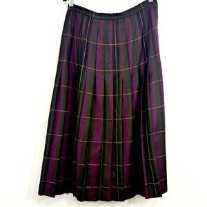 Premiere Dark Green Burgundy Plaid 100% Wool Vintage Pleated Midi Skirt